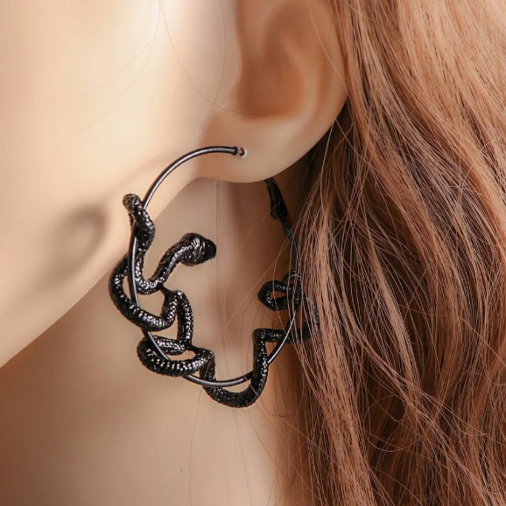 Large Black Gothic Snake Hoop Earrings Statement Punk